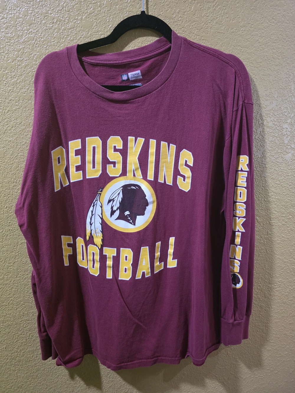 NFL Maroon Long Sleeve Redskins Football Tee with Yellow Graphics